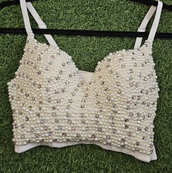 Tops - Elegant Pearl Embellished White Crop Top
